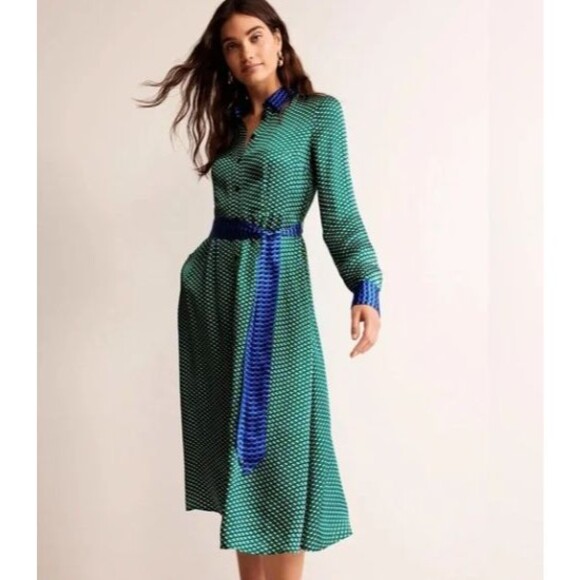 Boden Dresses & Skirts - Boden NWT Kate Satin Green Geo Daze Long Sleeve Midi Shirt Dress Size 12 Office
